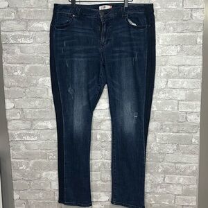 EUC CAbi High Rise Straight Leg Jeans Distressed Dual Denim Size 16 *(Blue)